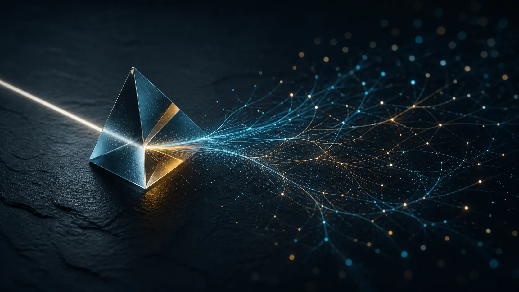 A glass prism splits a single beam of light into a branching network of blue and amber signals, the way one query fans out into everything billing analytics asks of the data.