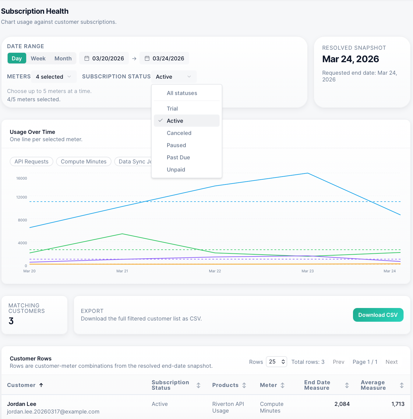 MeterMonitor Subscription Health view with usage over time, subscription status filters, and customer rows.