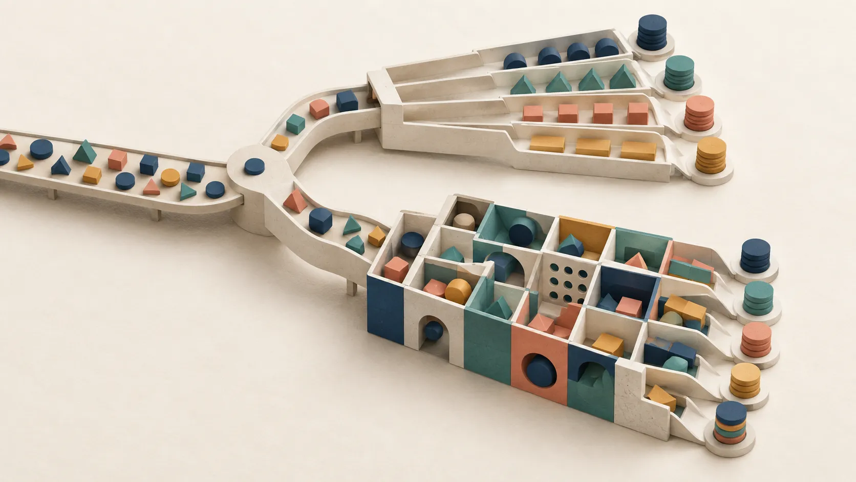 Colored usage tokens flow through parallel sorting channels and a modular grid, representing two approaches to metering and multi-dimensional pricing.
